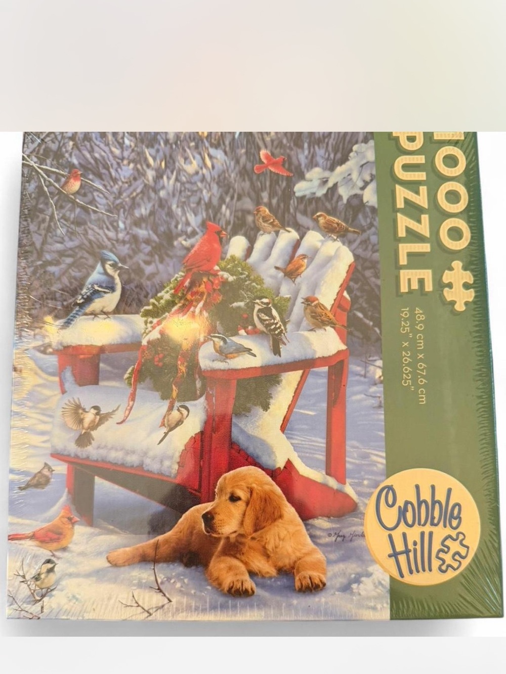 Unopened Cobble Hill 1000-Piece Winter Dog & Birds Puzzle - Red Chair Scene